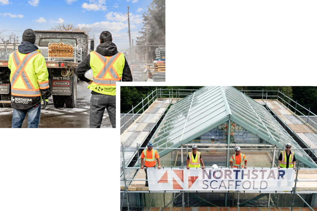 two photos of Northstar Access team members on scaffold job sites in safety gear and with a company banner