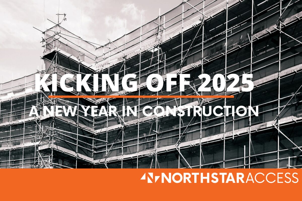 black and white image of a building surrounded in scaffold access equipment with text overlay; "kicking off 2025"